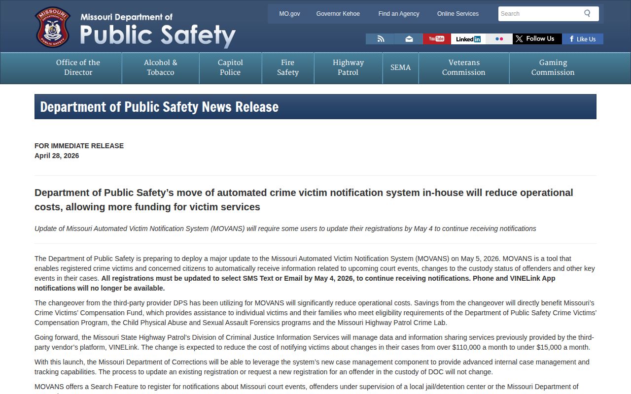 Missouri May 2026 MOVANS release alert transition notice