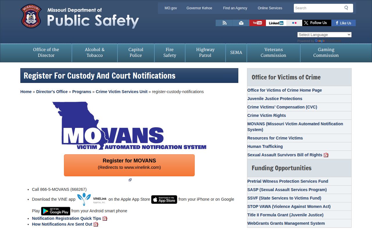 Missouri MOVANS release notification registration choices