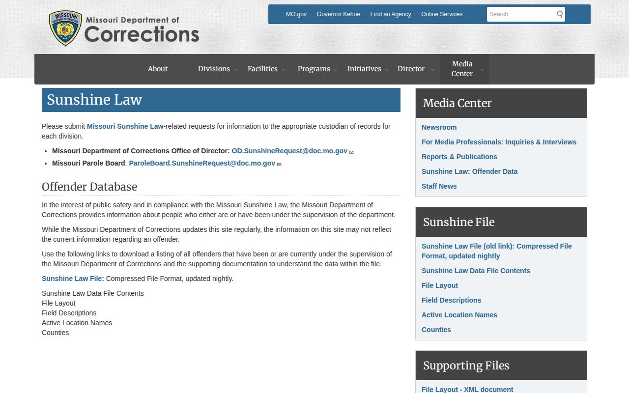 MODOC Sunshine Law historical released inmate database information