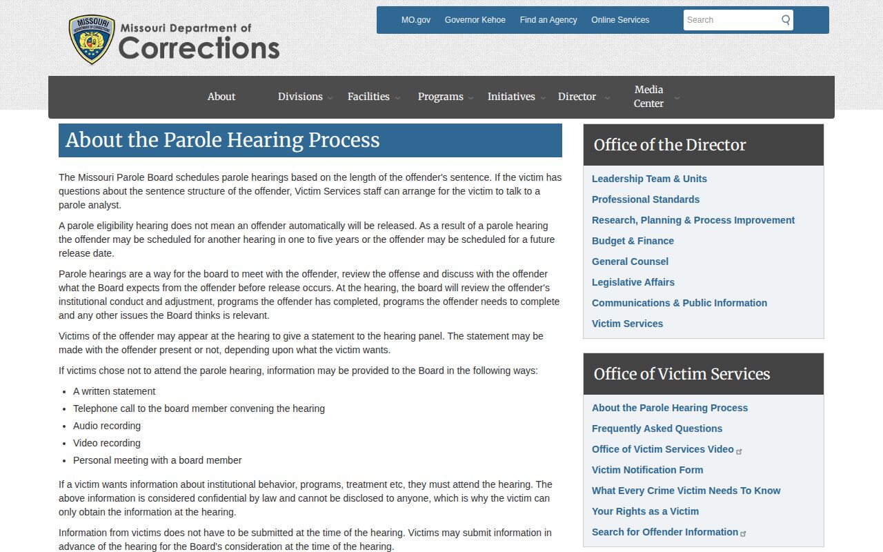 Missouri parole hearing process before an inmate release decision